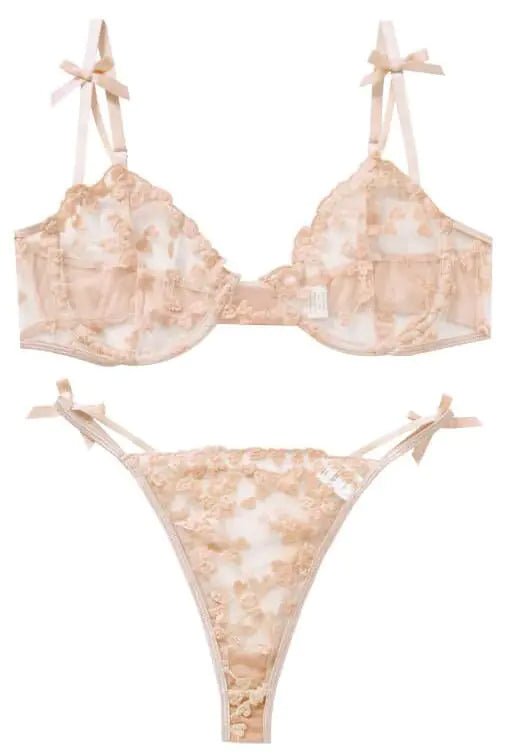 AnloveKiss Sexy Underwire Cute Push Up Strappy Embroidered Mesh Sheer Lingerie Set See Through Panty Bra (Beige XL) - vibeMuse