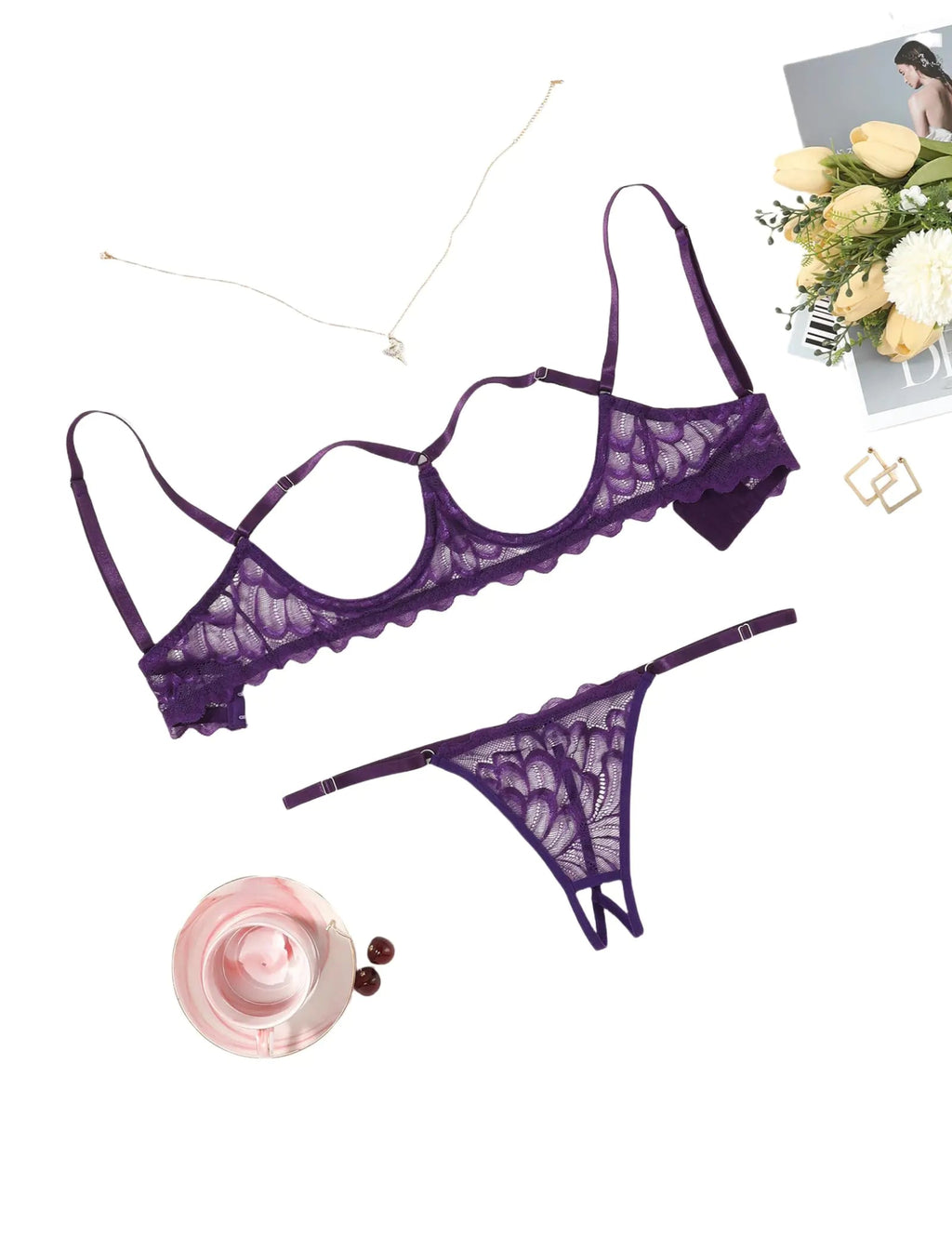 Avidlove Lingerie Set For Women Sexy Bra and Panty 2 Piece Lace Lingerie Set With Underwire Purple M - vibeMuse