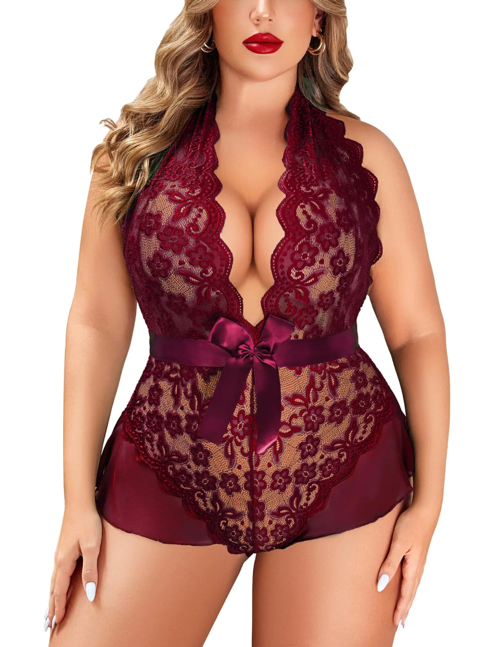 Avidlove Womens Plus Size Lace Babydoll Bodysuit One Piece Lingerie Sexy Halter Teddy Dark Red 14 Plus - vibeMuse
