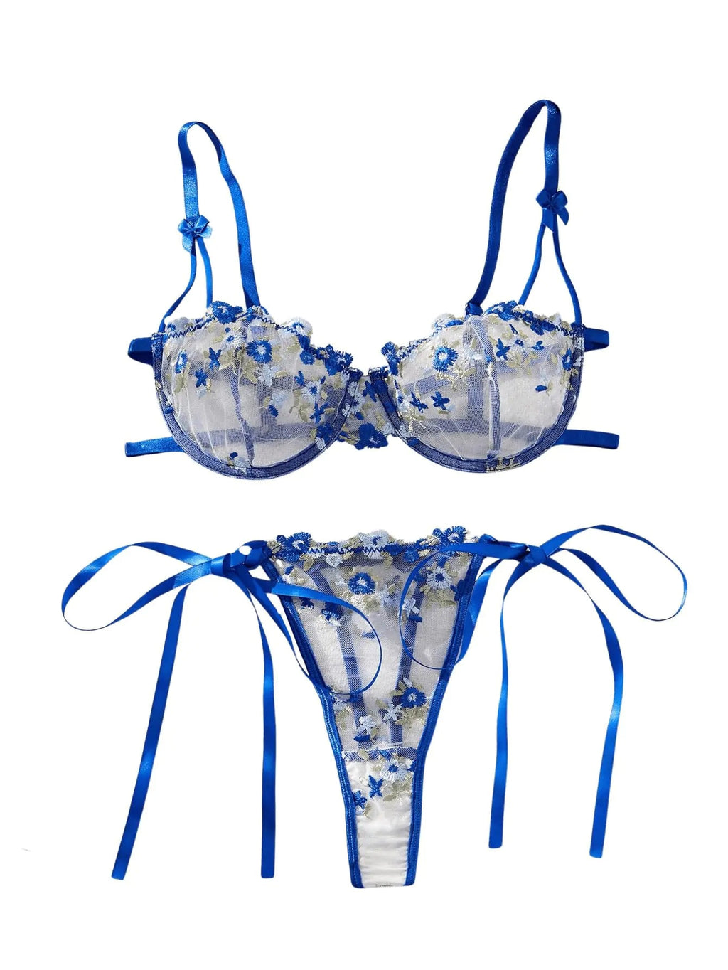 GORGLITTER Womens Floral Lingerie Sexy Underwire Mesh Push Up Bra and Panty Set Blue X - Small - vibeMuse