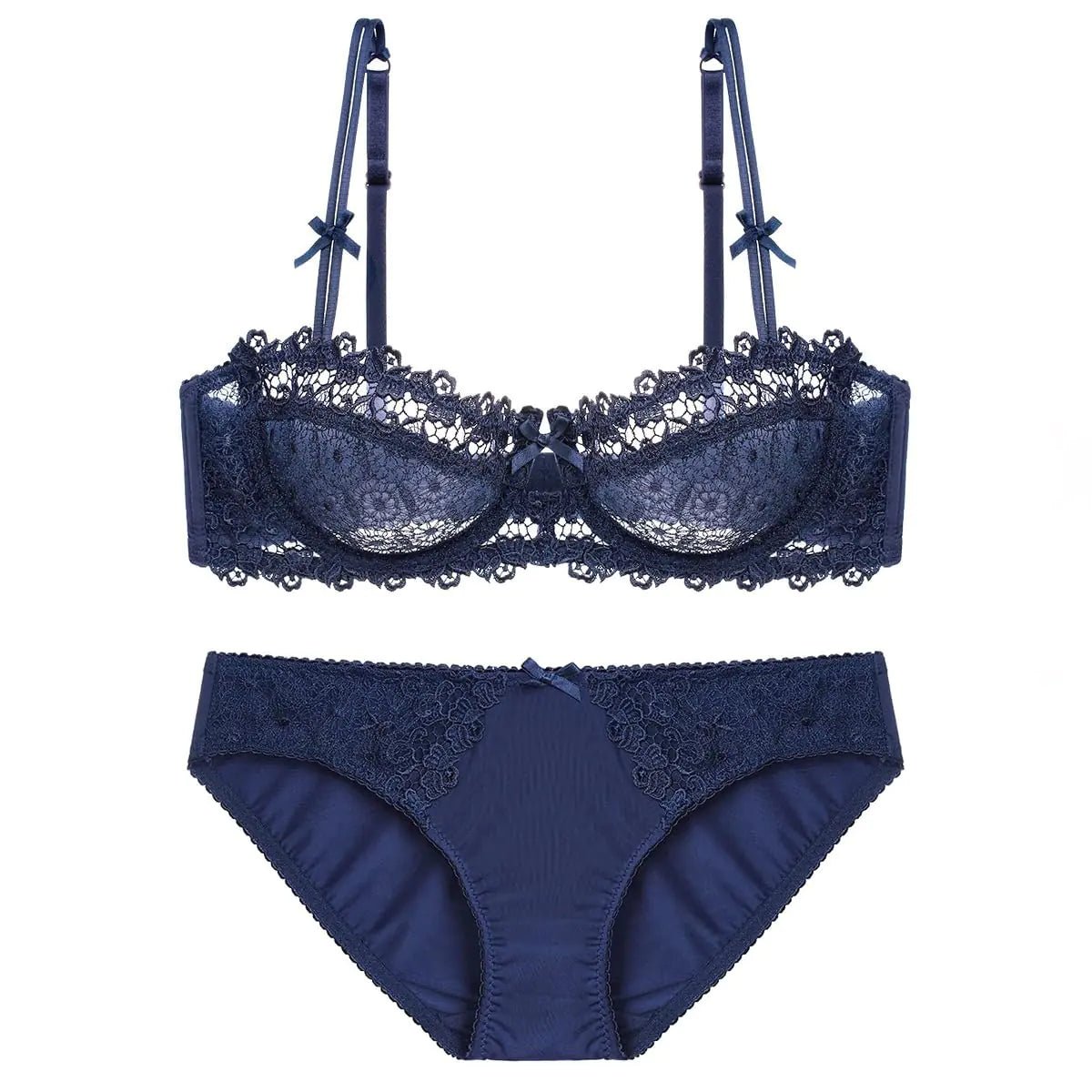 Guoeappa Womens Sexy Soft Lace Lingerie Set See Through Underwear Floral Lace Underwire Sheer Bra and Panty Set(Dark Blue34D) - vibeMuse