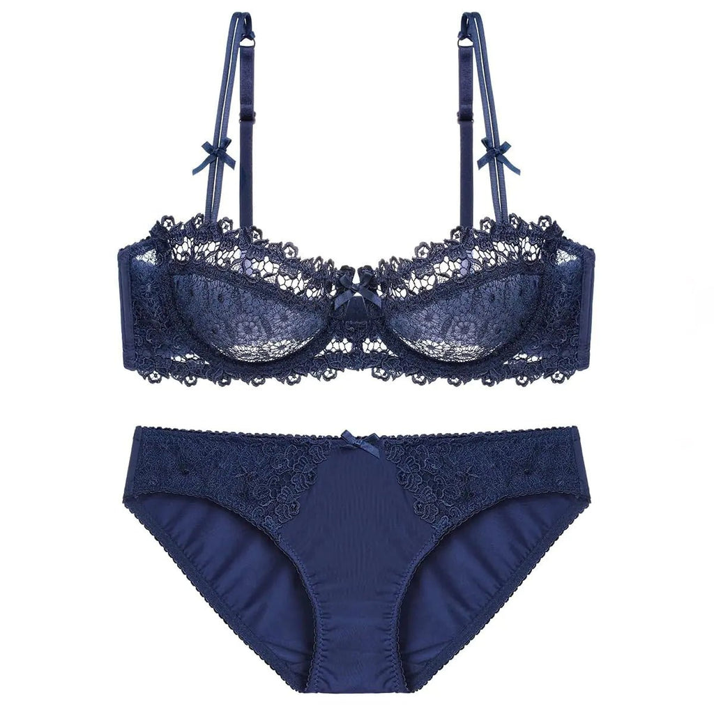 Guoeappa Womens Sexy Soft Lace Lingerie Set See Through Underwear Floral Lace Underwire Sheer Bra and Panty Set(Dark Blue34D) - vibeMuse