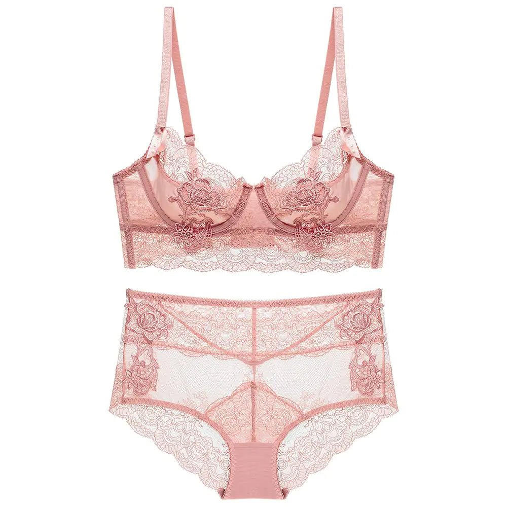 Guoeappa Womens Sexy Soft Lace Lingerie Set See Through Underwear Floral Lace Underwire Sheer Bra and Panty Set(Peach Pink38C) - vibeMuse