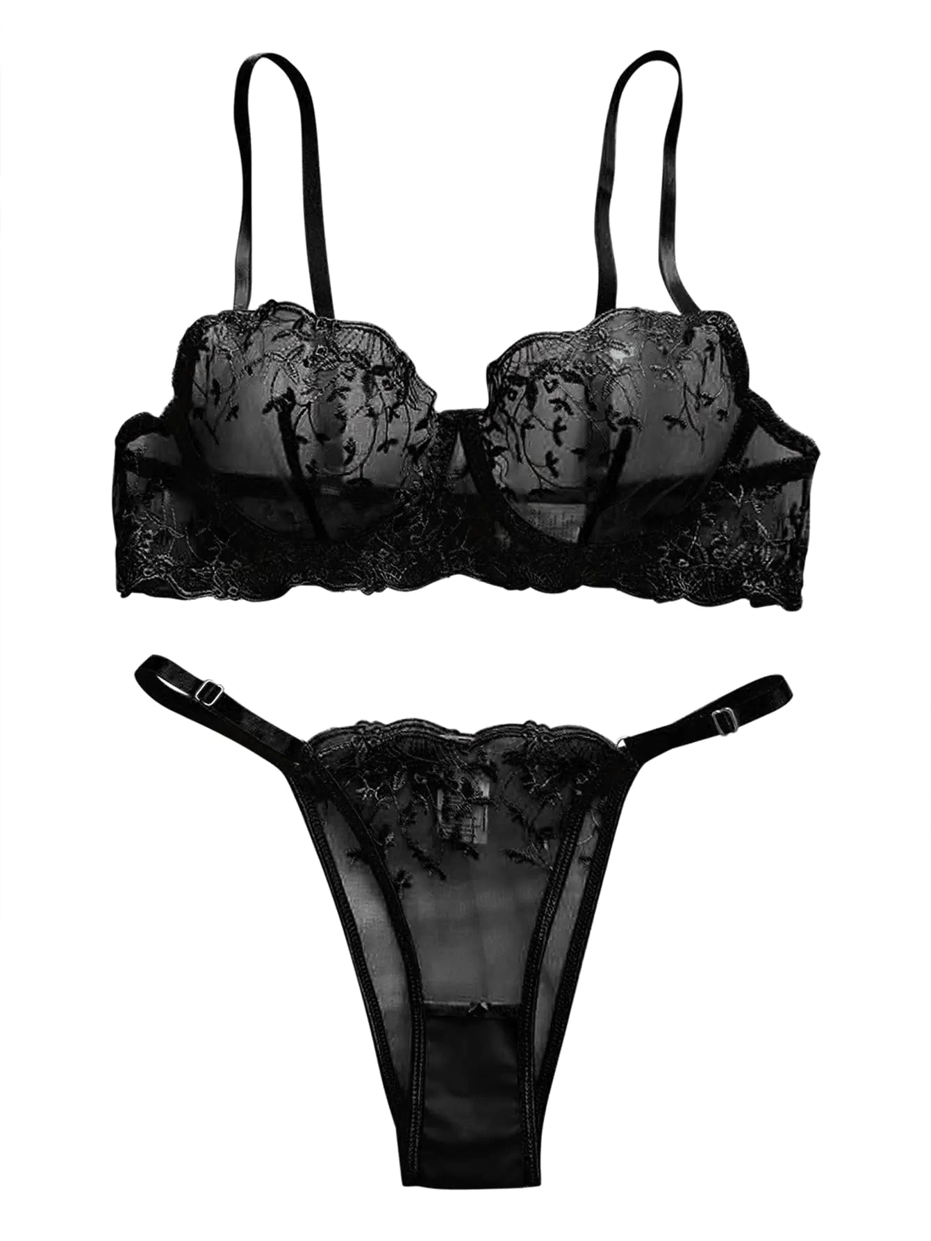 Lilosy Sexy Floral Embroidered Mesh Sheer Women Underwire Push Up Lingerie Set See Through Bra Panty 2 Piece Leaf Black Large - vibeMuse