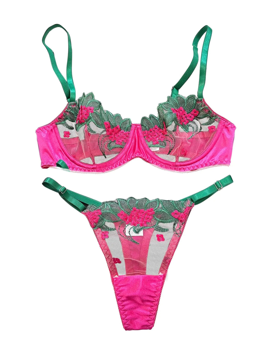 Lilosy Sexy Leaf Floral Embroidered Mesh Sheer Women Underwire Push Up Lingerie Set See Through Bra Panty 2 Piece Flower Satin Hot Pink Small - vibeMuse