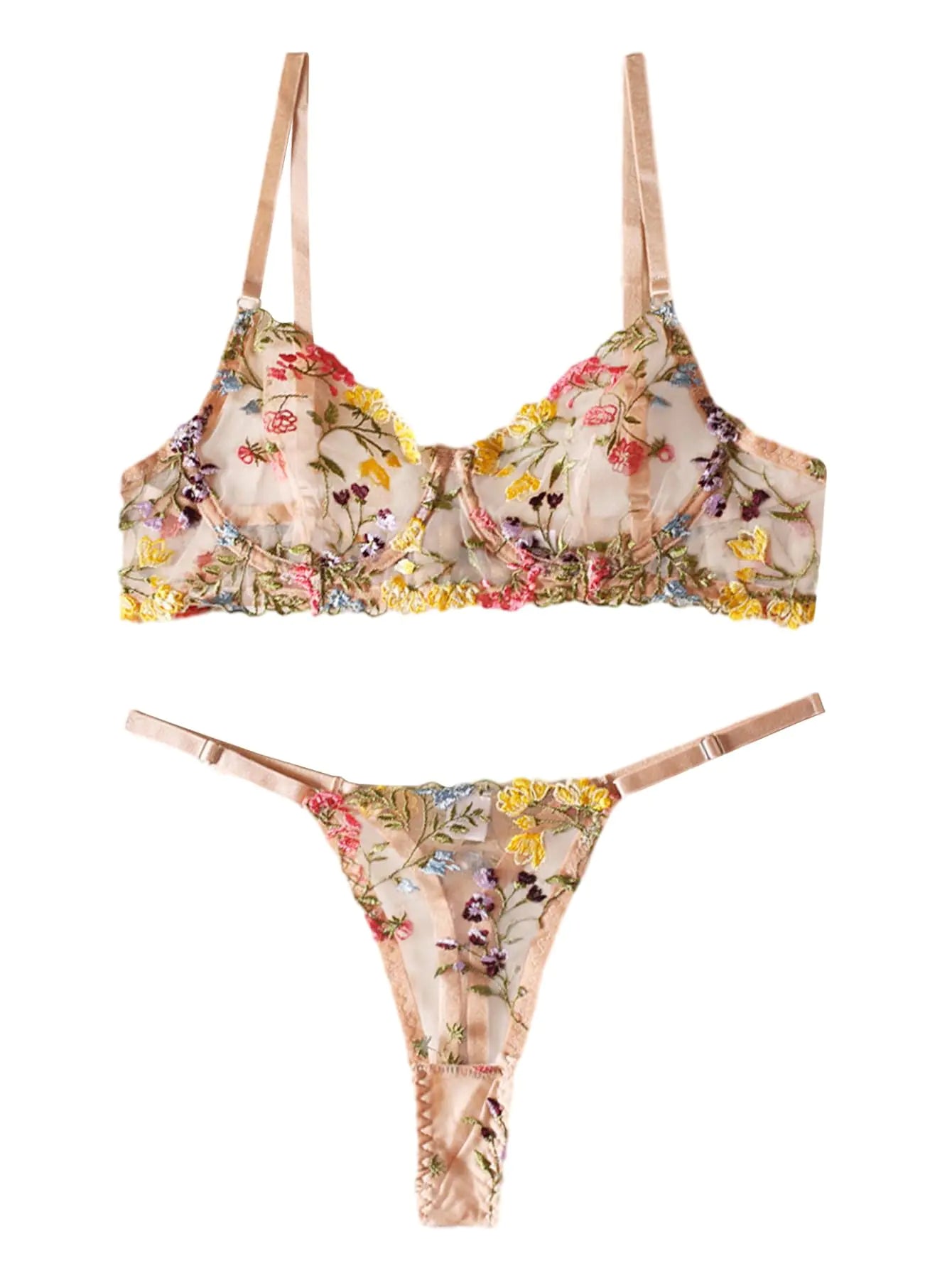 Lilosy Sexy Leaf Floral Mesh Sheer Women Underwire Push Up Embroidered Lingerie Set See Through Bra Panty 2 Piece Bowless Beige Small - vibeMuse