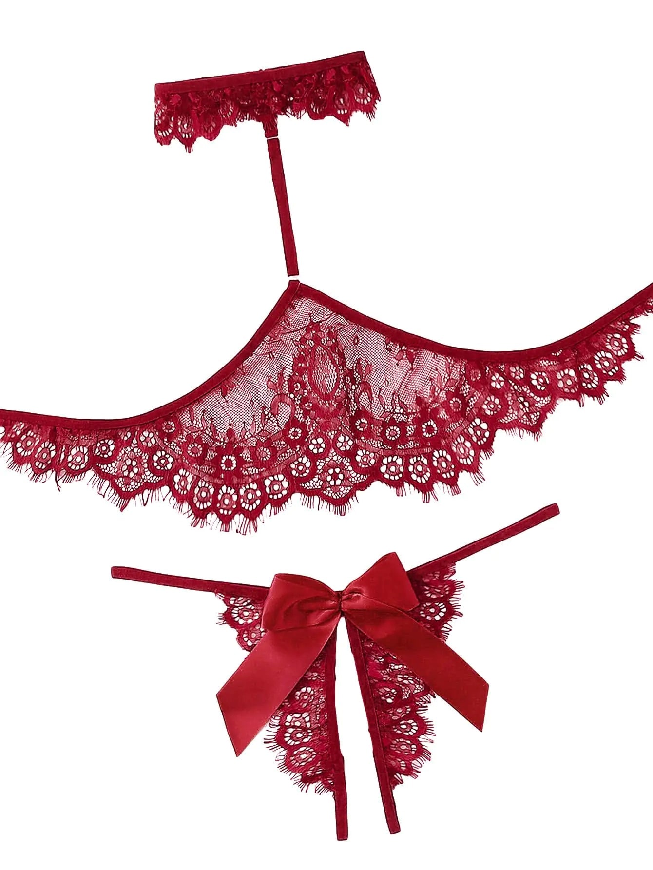 Lilosy Womens Sexy Choker Halter Floral Lace Sheer Lingerie Set See Through Bra and Panty Bow 2 Piece Wine Red Large - vibeMuse