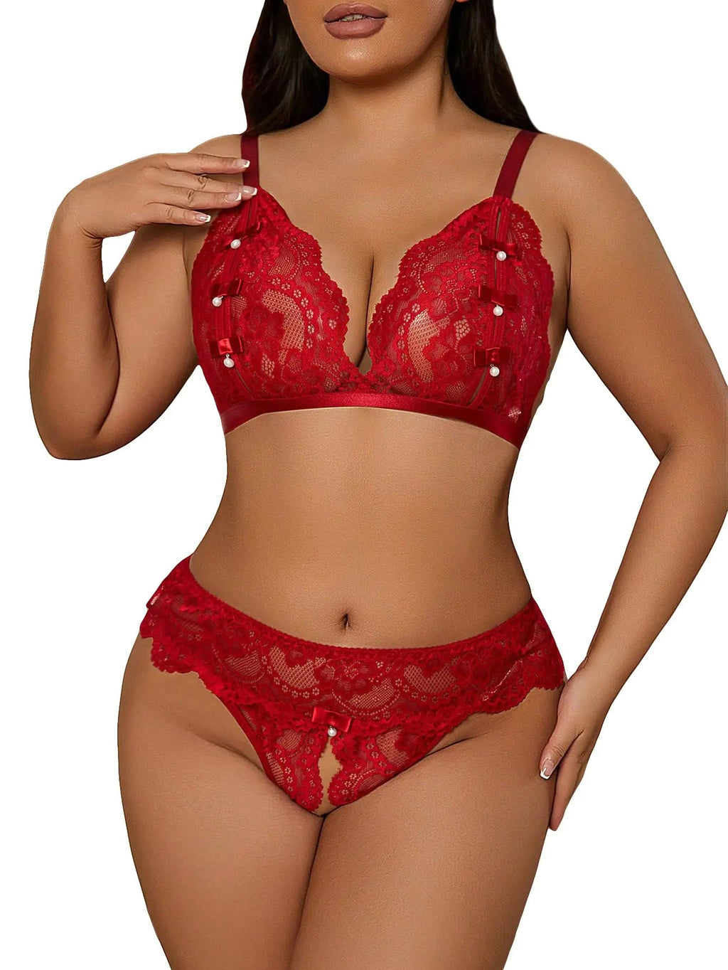 SOLY HUX Lingerie for Women Plus Size Sheer Lace Bra and Panty Lingerie Set Solid Burgundy 2XL - vibeMuse