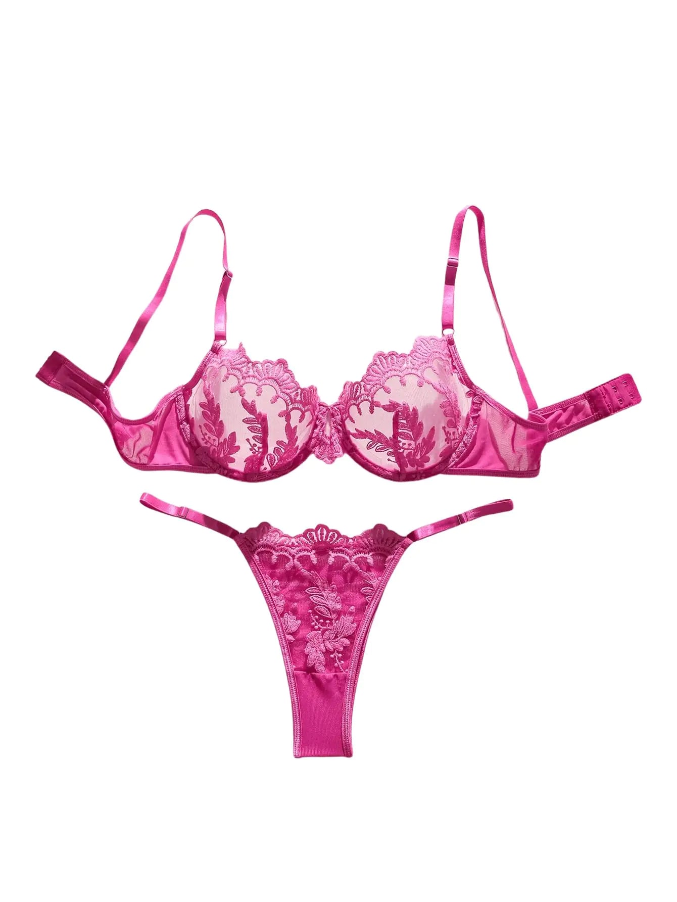 SOLY HUX Womens Embroidery Floral Mesh Sheer Underwire Lingerie Bra and Panty Set HotPink Floral Embroidery X - Large - vibeMuse