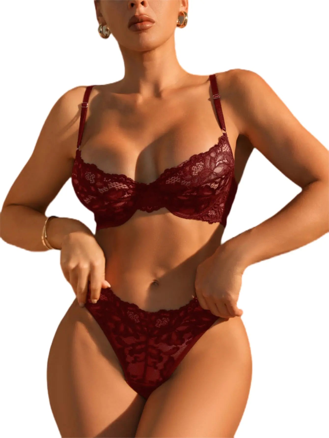 SOLY HUX Womens Floral Lace Sheer Underwire Bralette Bra and Panty Lingerie Set Plain Burgundy XL - vibeMuse