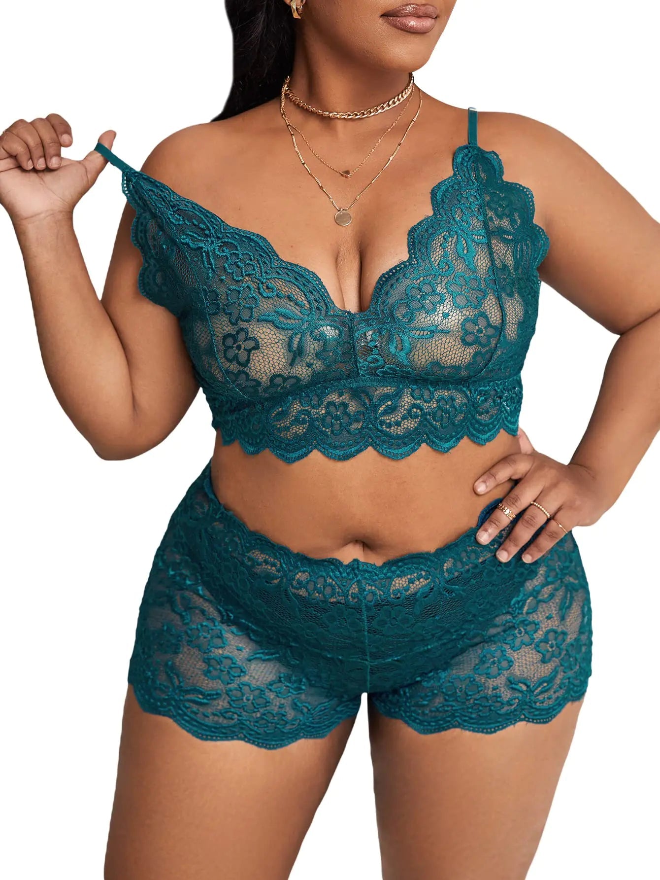 SOLY HUX Womens Plus Size Floral Lace Scalloped Trim Lingerie Set Bra and Panty Blue Plain 1XL - vibeMuse