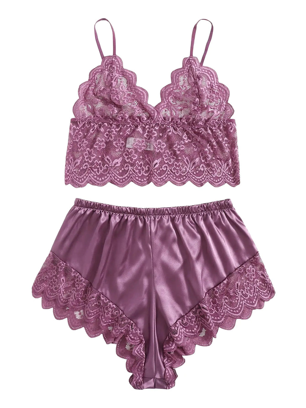 SOLY HUX Womens Plus Size Lingerie Set Spaghetti Strap Lace Trim Bralette and Shorts Sleepwear Pajama Set Dusty Purple 2XL - vibeMuse