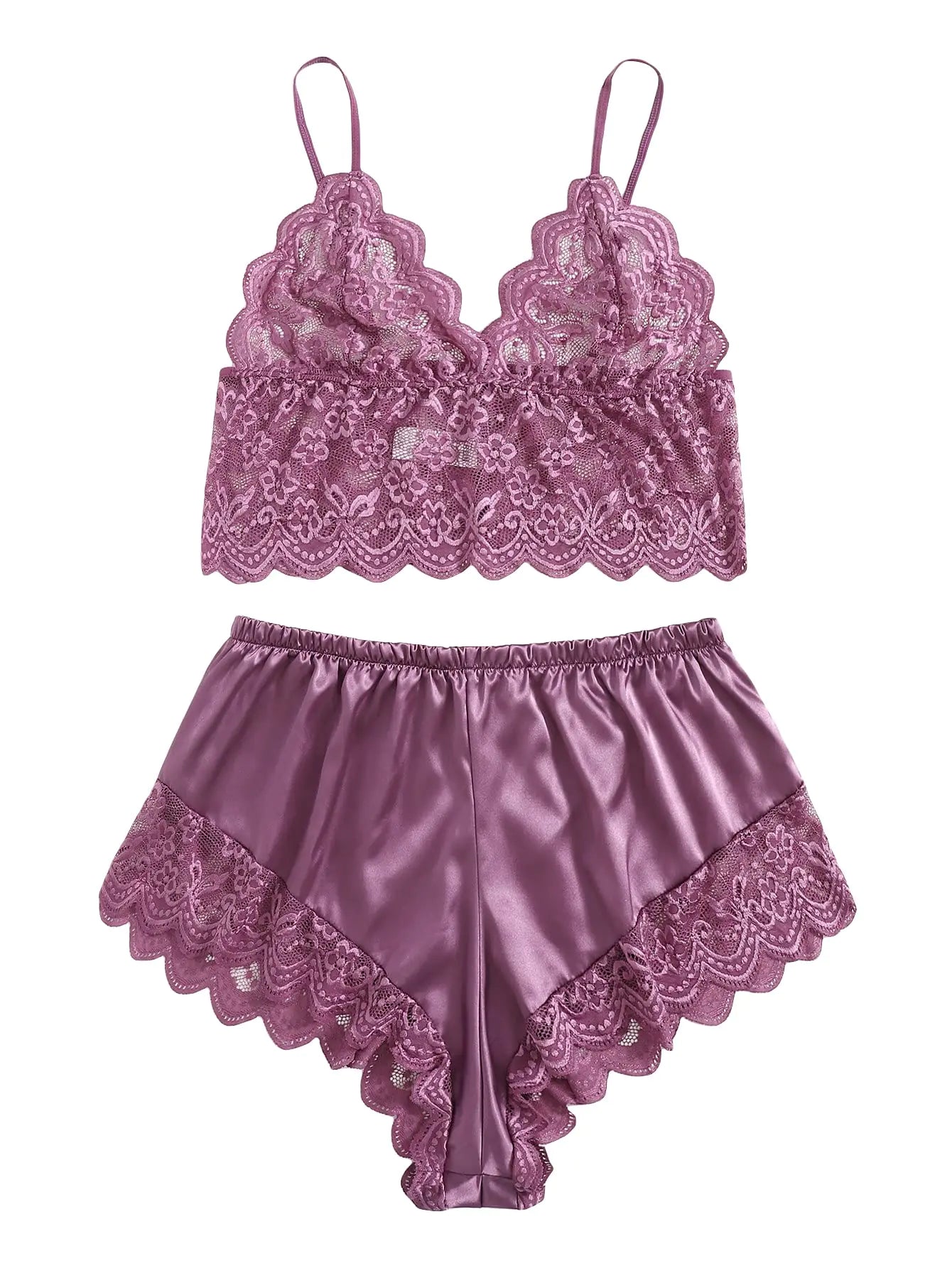 SOLY HUX Womens Plus Size Lingerie Set Spaghetti Strap Lace Trim Bralette and Shorts Sleepwear Pajama Set Dusty Purple 2XL - vibeMuse