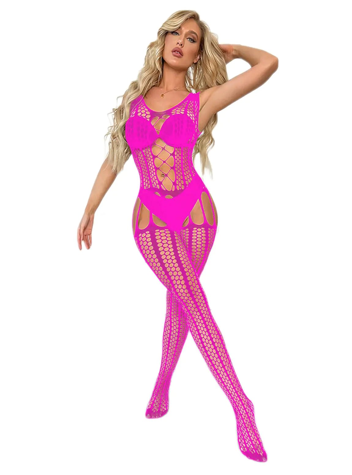 UAREBST Womens Fishnet Lingerie Mesh Chemise Babydoll Bodysuit Sexy Lingerie with Stockings Exotic Dancewear (Rose Red) - vibeMuse