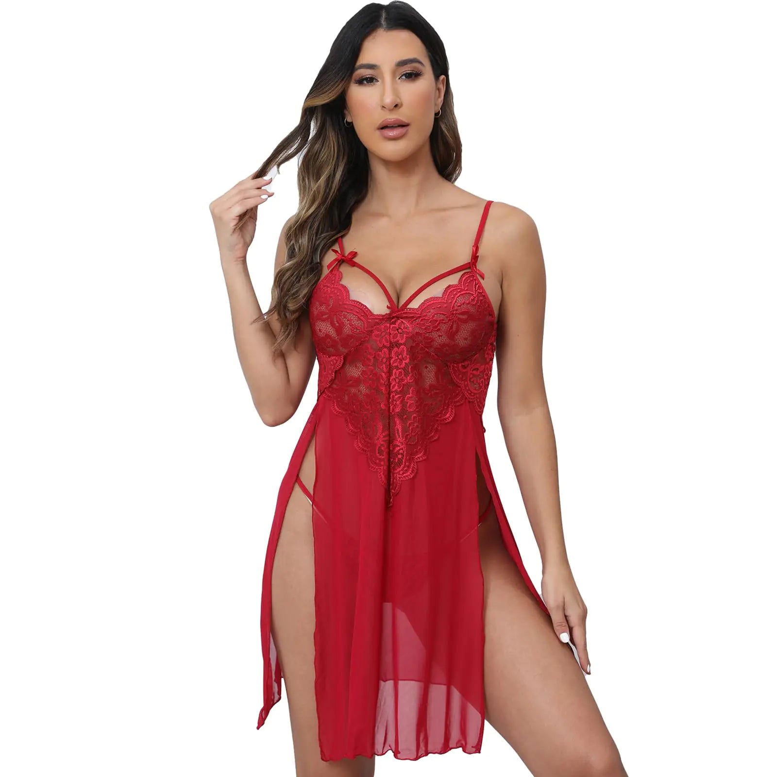 YaShaer Lingerie for Women Lace Babydoll Strap Chemise Nightgown V Neck Sleepwear Sexy Mesh Side Slit Nighty Red 2XL - vibeMuse